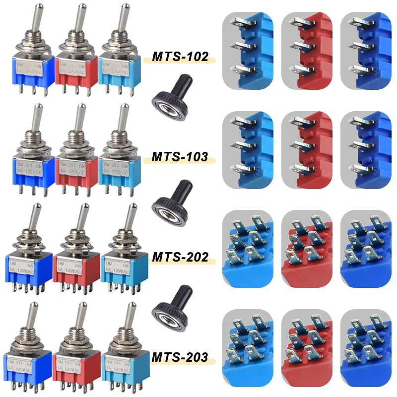 10Pcs MTS-102 103 MTS-202 203 DPDT ON-OFF-ON Toggle Switch ON-OFF SPDT 6mm Mini Power Button Switch with Waterproof Cap