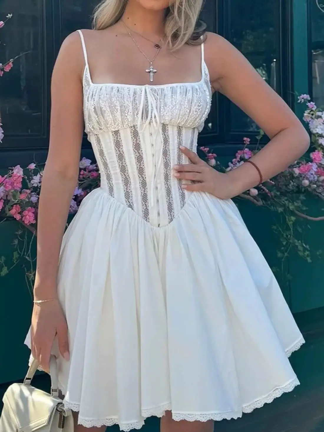 

Lace Stitching Women's White Sling Dress Summer 2025 Hollow Out High Waist Sleeveless Sweet Ladies Mini Robe
