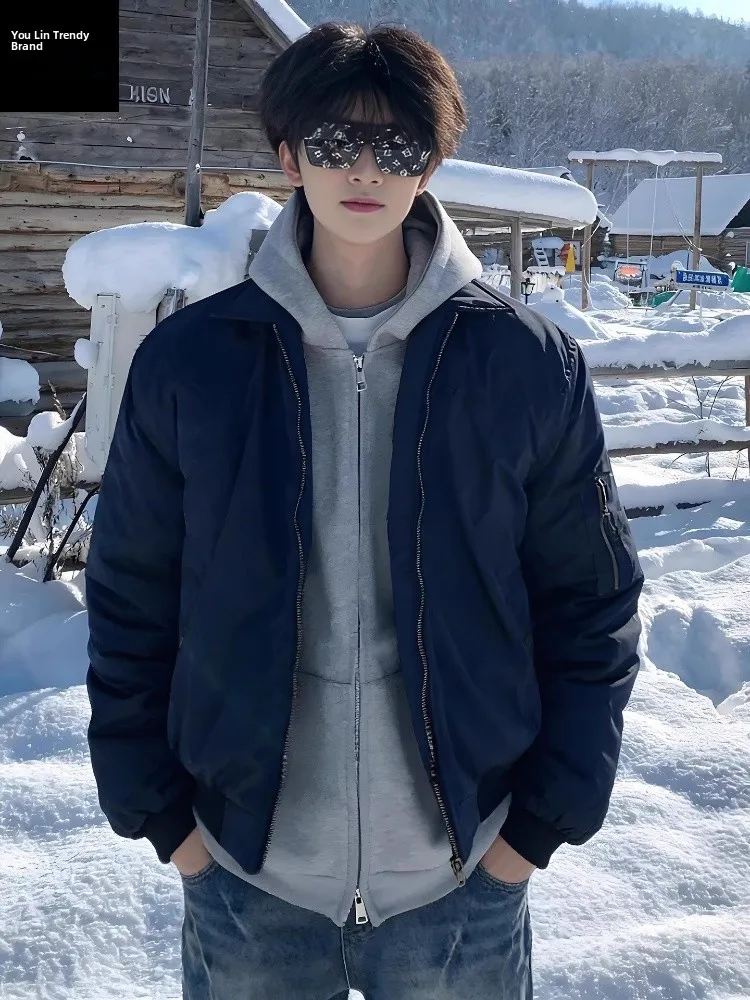 

American Sle Pilot Jaet Cotton Coat Men Winter ort Quilted Cold-resistant Cleanfit Baseball Sle Zipper Closure Long S...