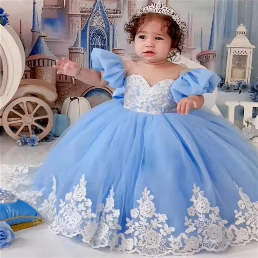 

Небесно-голубое платье с цветочным узором для девочек по индивидуальному заказу, белое кружевное платье с аппликацией и бантом с коротким рукавом для свадьбы, дня рождения, платья для святого причастия