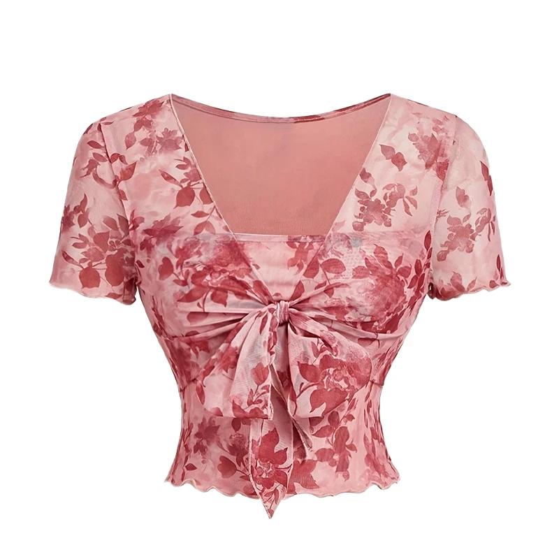 

Y2k Women's T-shirt Floral Printed Camis Beach Vacation See Through Hollow Out Deep V-Neck Sleeveless Crop Top Woman 2025 Summer