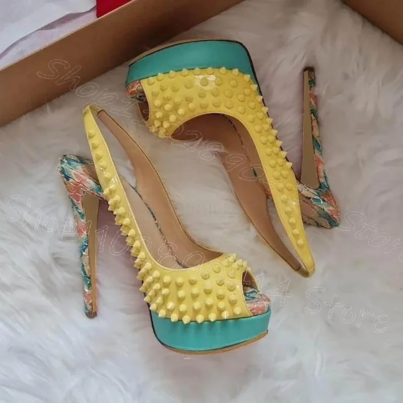 Yellow Spikes Floral Print Heel Peep Toe Sandals Slip On Women Shoes Thin High Heels Party Feast Dating 2026 Zapatos Para Mujere - view 3