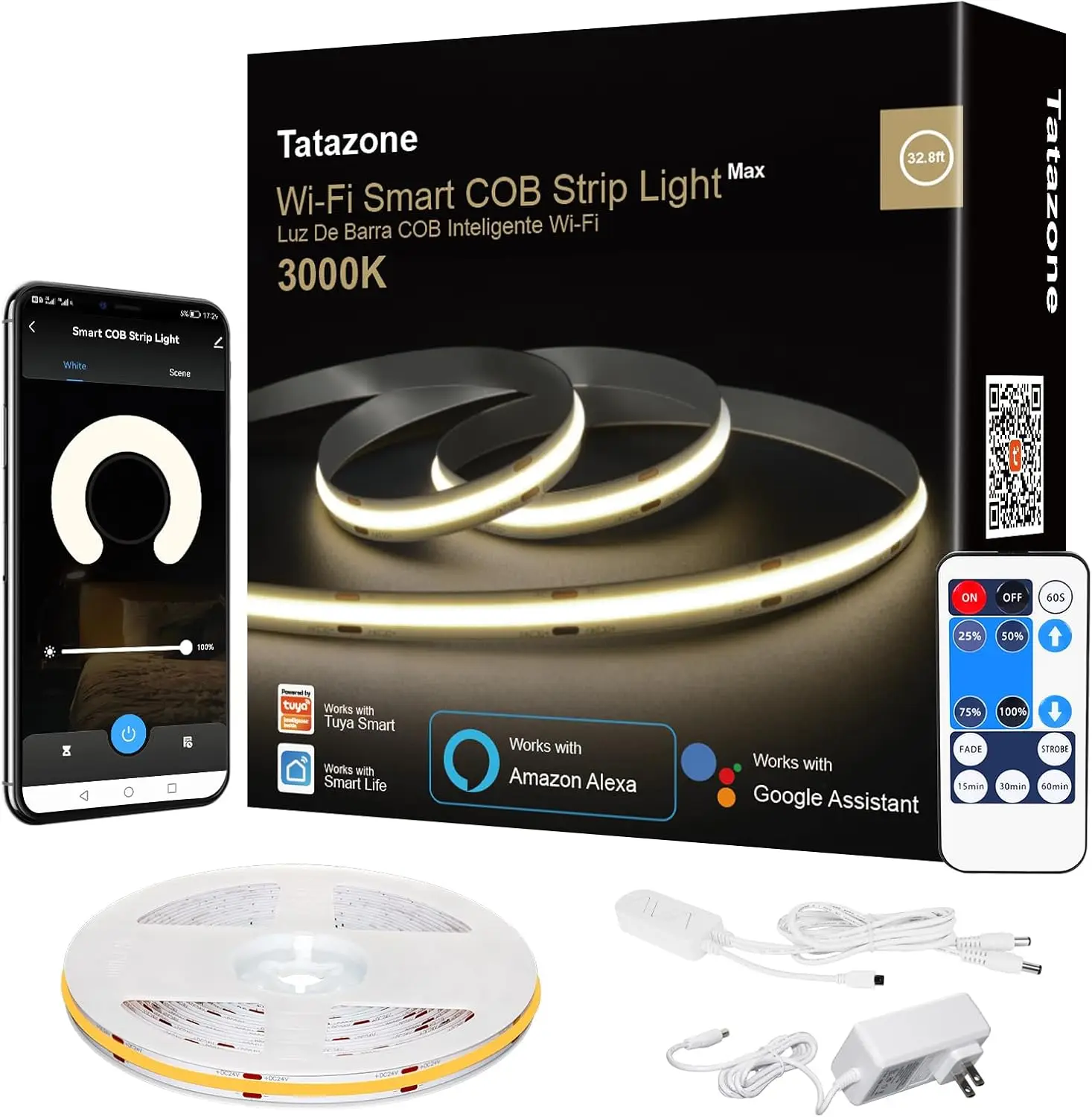 

Smart WiFi COB LED Strip Light, 32.8ft Warm White, Dimmable with Remote and Alexa/Google Compatible for Indoor Use