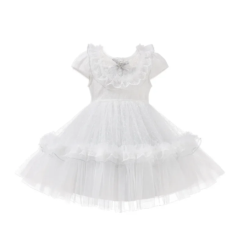 

2024 White Lace Girl Evening Clothes Round Neck Princess Dresses Teenager Boutique Vestidos Solid Sweet Wedding Baptismal Gown