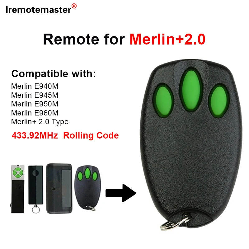 Compatible with MERLIN E945M E950M E940M Garage Door Opener 433.92MHz Rolling Code Gate Opener Transmitter