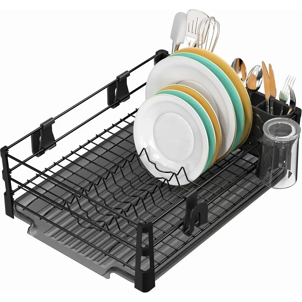 

Dish Drying Rack with Drainboard, Utensil Holder & Mug Hooks, Black Metal Kitchen Counter Organizer
