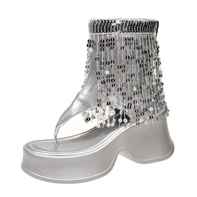Summer Women's Thick Soled Shoes Trend Roman Wedge Lady Cool Boots Sequin Tassel Flip Flops High Heels Slides Women Ankle Boots