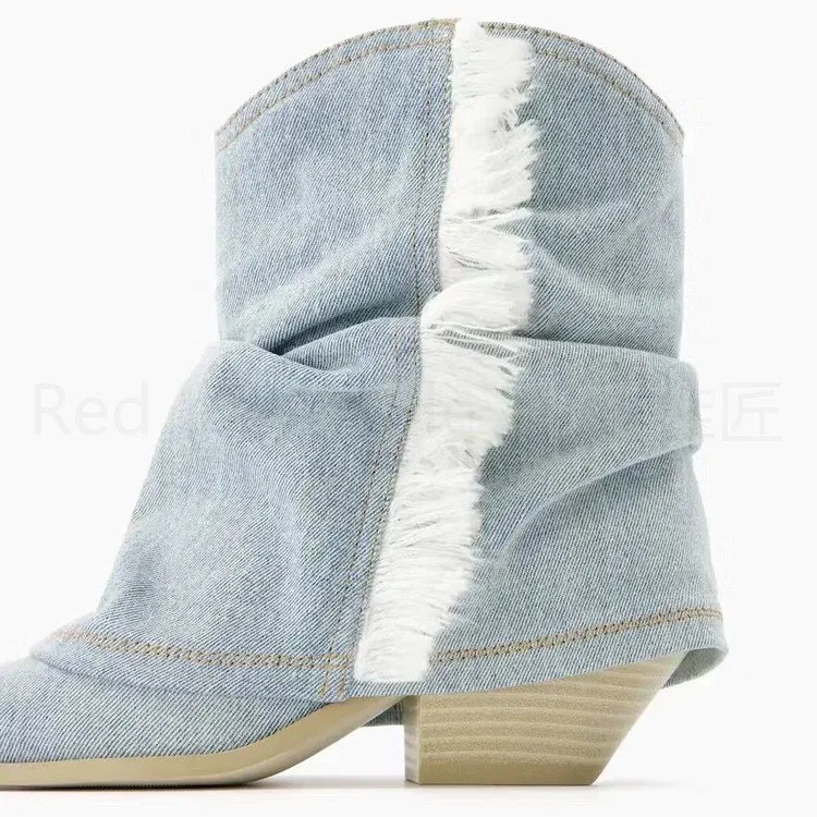 Pleated Denim Ankle Boots Women 2023 Autumn Pointed Toe Thick Heeled Cowgirl Boots Woman Blue Jeans Shoes Botas Plus Size 42