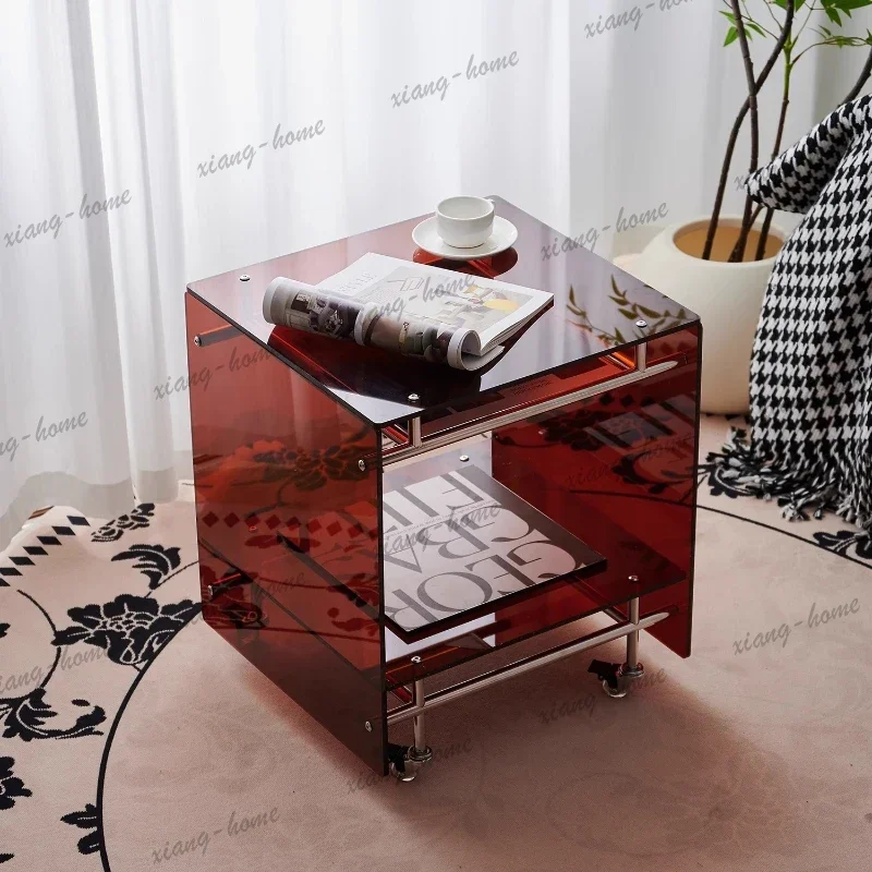 PG   Acrylic Coffee Table Sofa Bedside Cabinet Living Room Table Side Transparent Storage Mobile Trolley Muebles Home Furniture