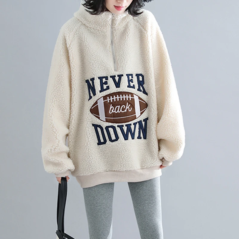 Sweat-shirt coréen doublé Sle Fce, grande taille, vêtements pour femmes, fourrure d'agneau brodée, ample, grande taille, col haut, T...