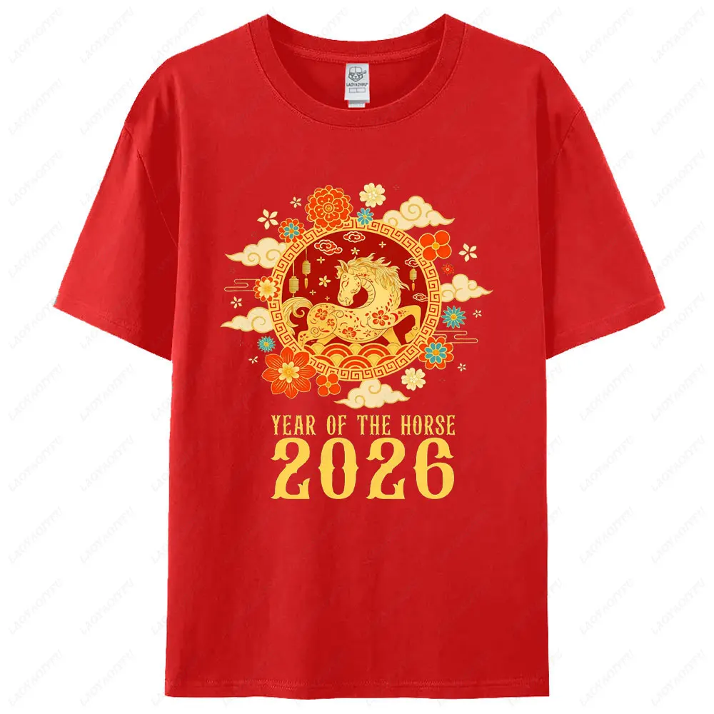 2026 New Year Zodiac Horse Graphic Short Sleeve T‑Shirt Spring Festival Floral Cloud Print Streetwear Casual Red Tops