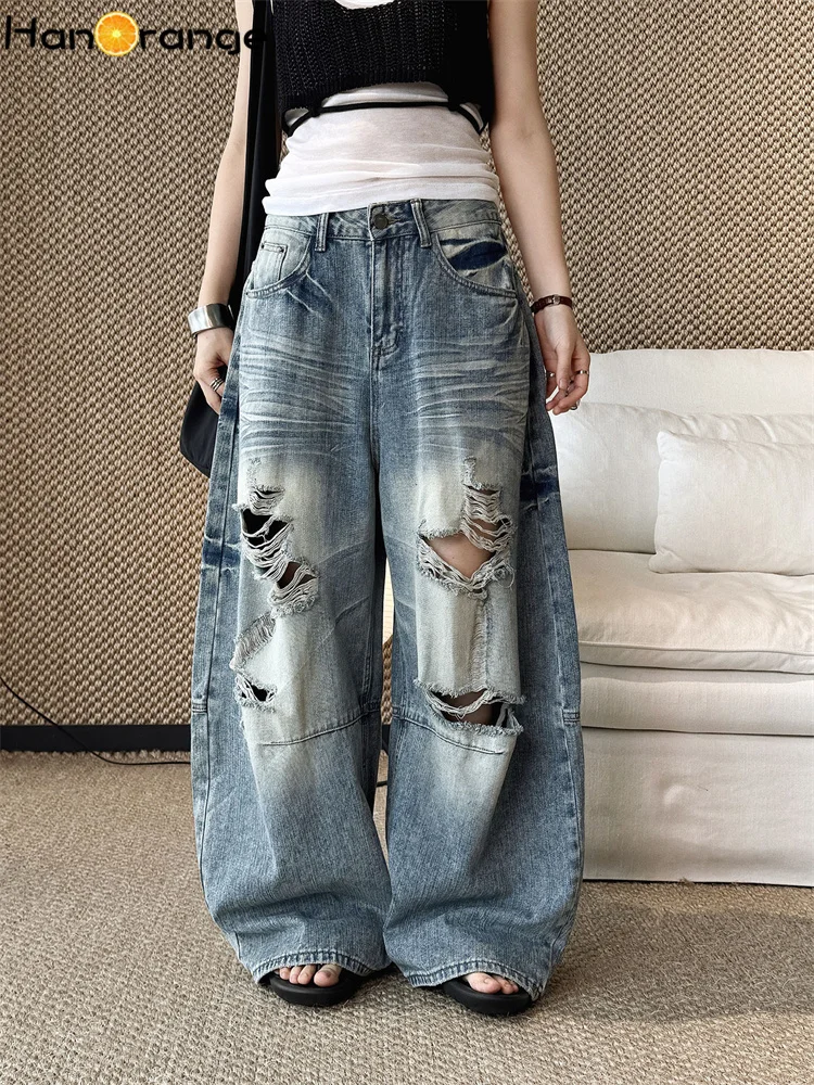 HanOrange 2026 Early Autumn Moustache Effect Washed Ripped Wide Leg Jeans Women Vintage Streetwear Heavy-Duty Denim Pants Blue