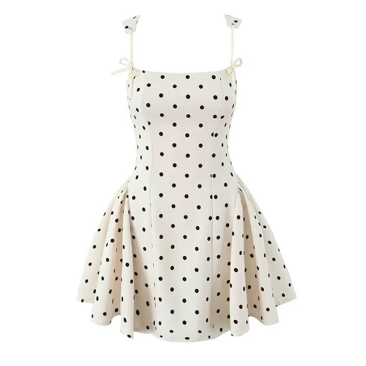 BWQ Donna Dot Stampato Slash Neck Canotta A-line Grembiule Mini abito 2025 Vacanze estive Festa di compleanno Abiti Vestiods