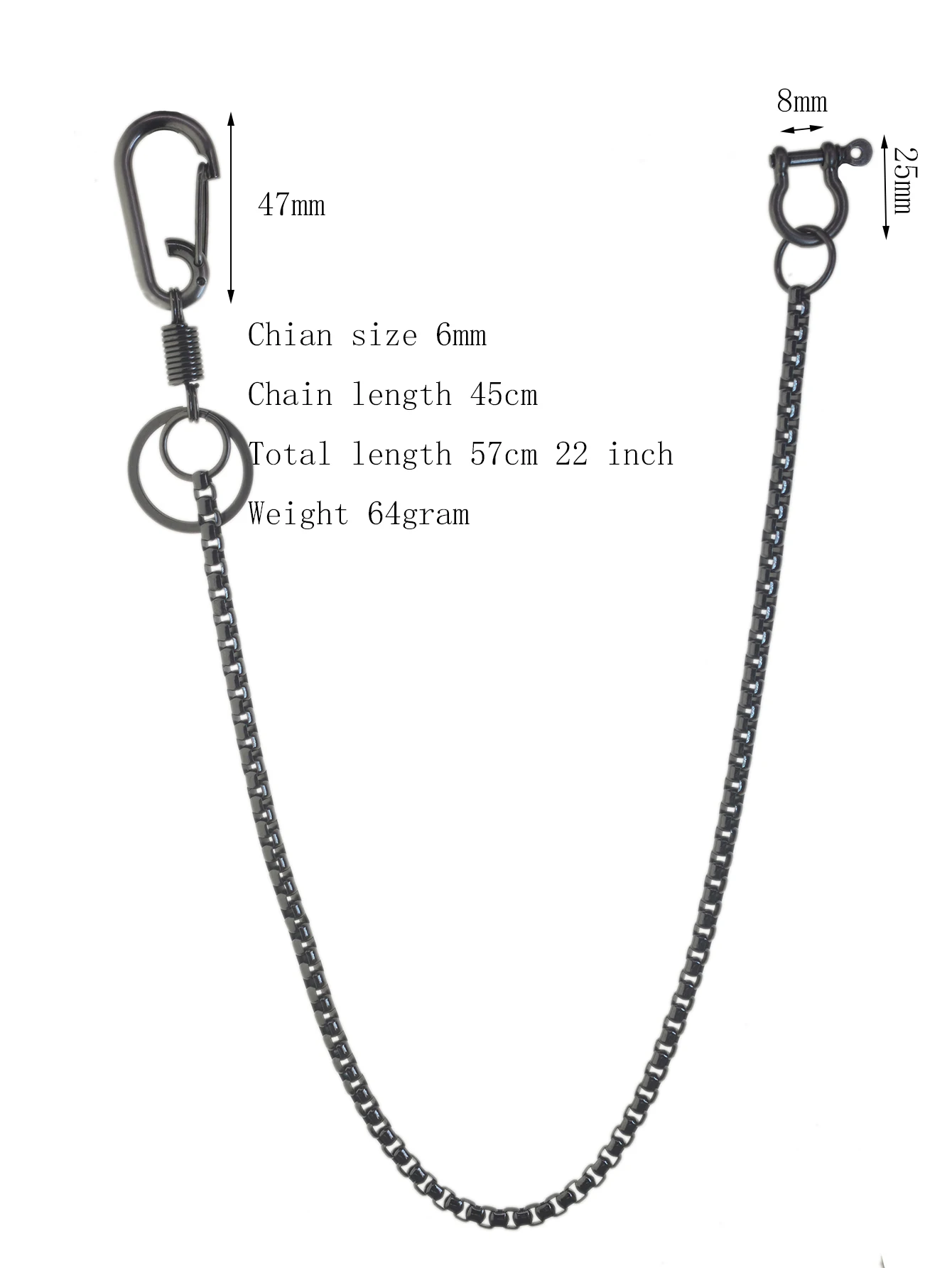 22 Inch long Gunmetal Black Biker Waist Keychain with 6mm Box Link Square Pearl Chain Spring Carabiner Belt Clips EDC Accessory