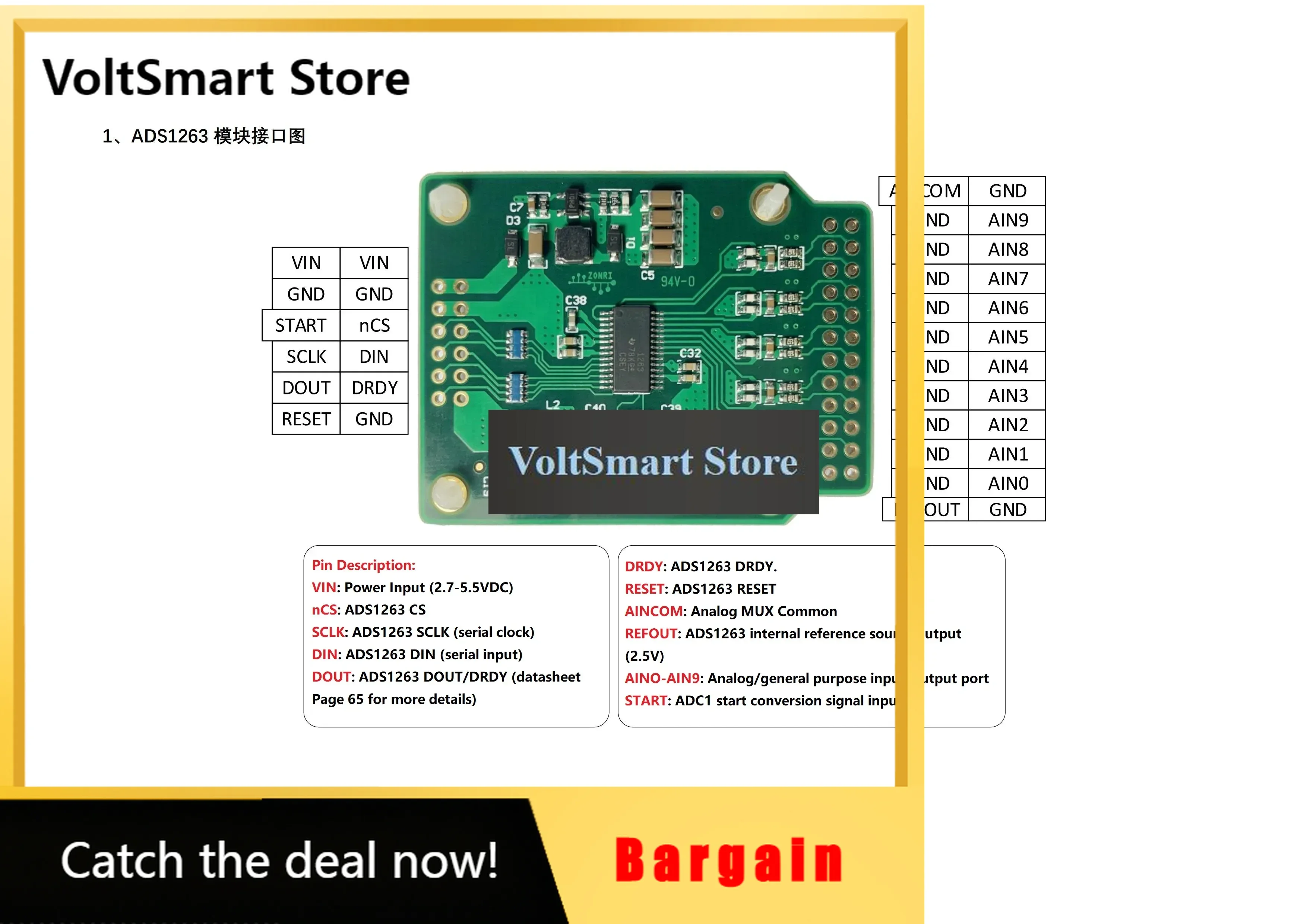 VoltSADS1263 High Precision ADC Module Development Board 24Bit/32Bit ADC 38.4ksps Analog To Digital Conversion