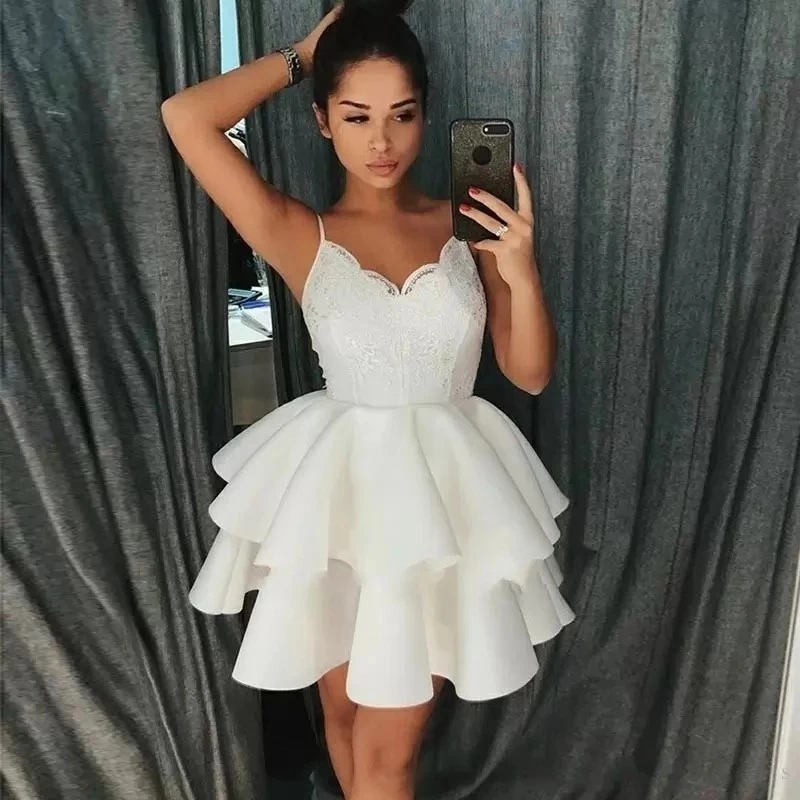 

ANGELSBRIDEP Ivory Short Homecoming Dresses Sexy Spaghetti Straps V-Neck Layers Lace Graduation Party Girls Wear Plus Size