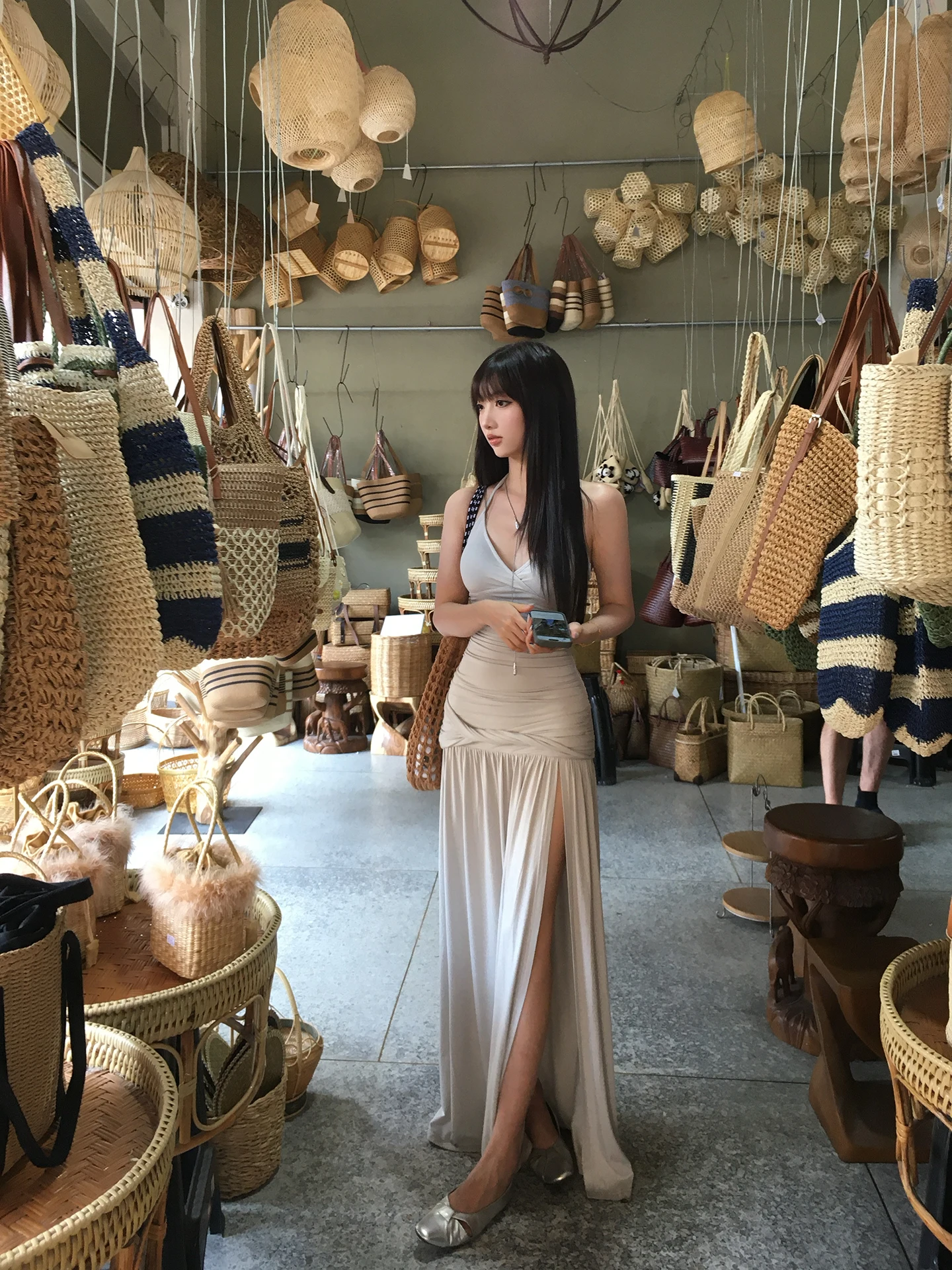 

Low-Neck Pure Desire Floor-Length Dress with Strap Gown Women's Summer Fashionable Pleated Slimming Backless Split Skirt