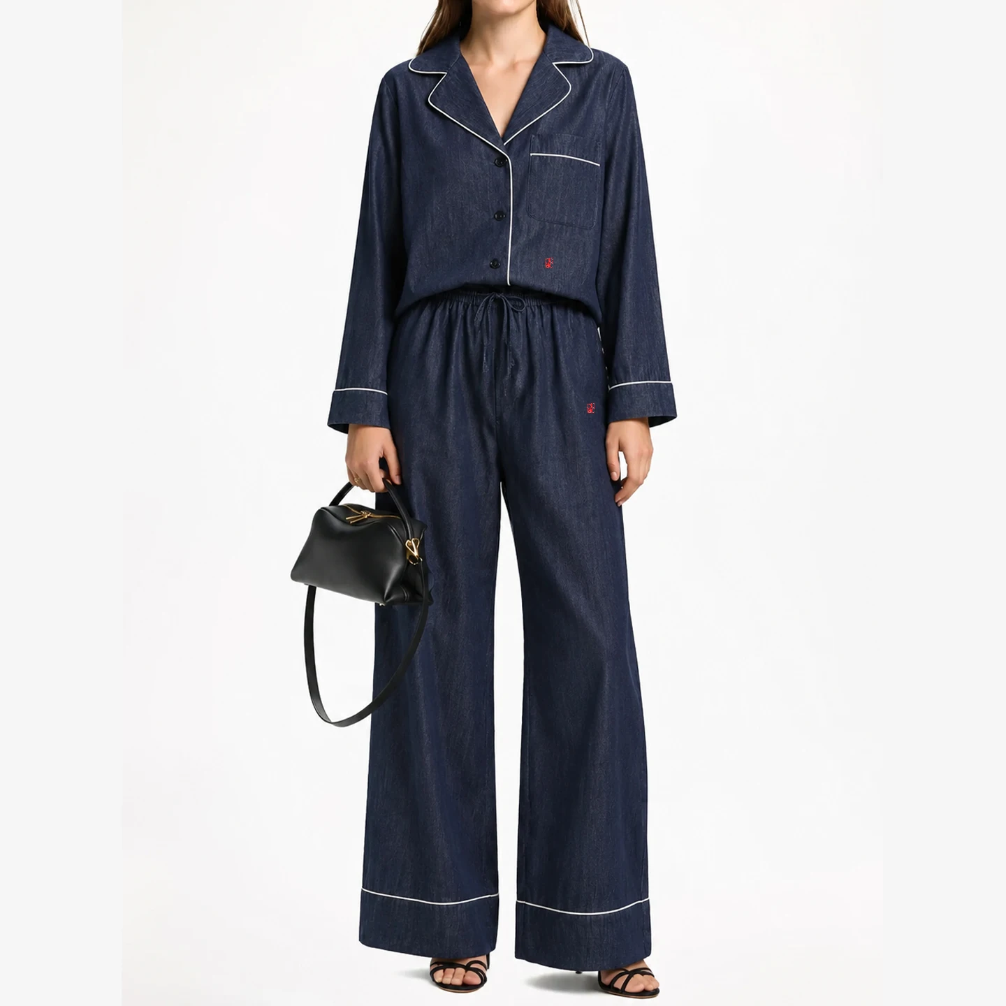 CH Letter Embroidered Solid Color Denim Pajama Set Women Notched Lapel Drawstring Waist Regular Fit Minimalist Chic Loungewear image 2