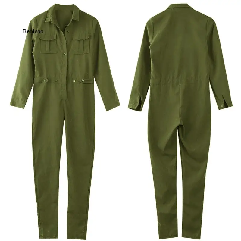 Nouvelle mode femmes Slim moulante combinaison à manches longues, vert armée solide décontracté barboteuse dames Vintage barboteuse pantalon Long combinaison