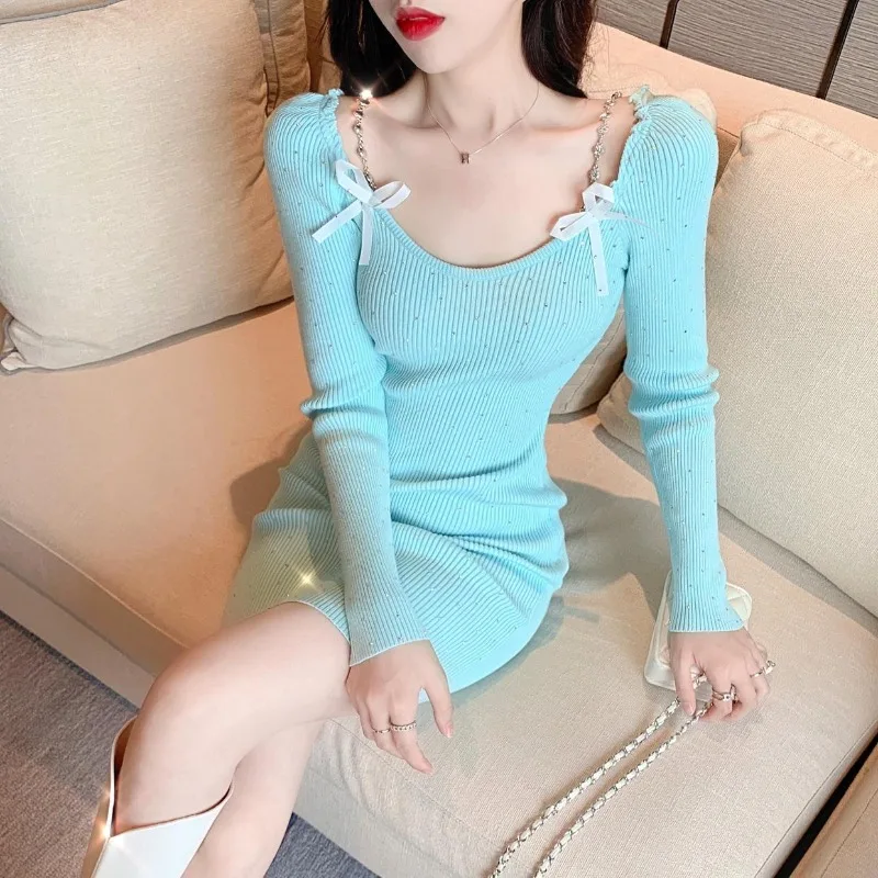 عادي حفلة مثير جريئة حفلة موسيقية امرأة محبوك فستان فراشة القوس متعرج كم طويل ملابس كاملة مصمم فساتين الكروشيه للنساء