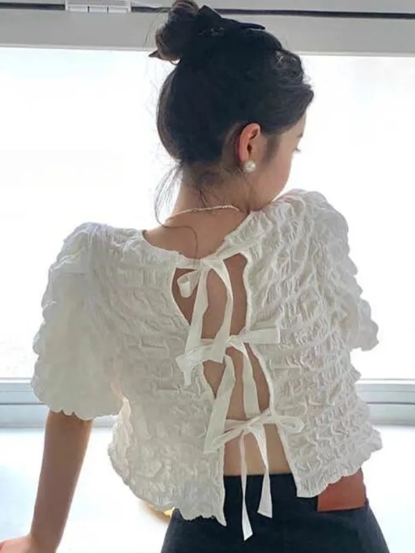 

Summer New Textured Bubble Sve irt Women's Design ort Top Ba Strapage Reducing Pure Color Commute Sle 00% Other M...
