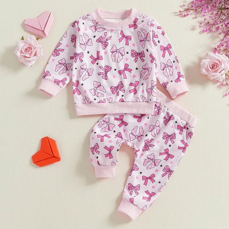 Toddler Girl Valentine s Day Outfits Bow Heart Print Crew Neck Long Sleeve Tops Long Pants 2Pcs Clothes Set