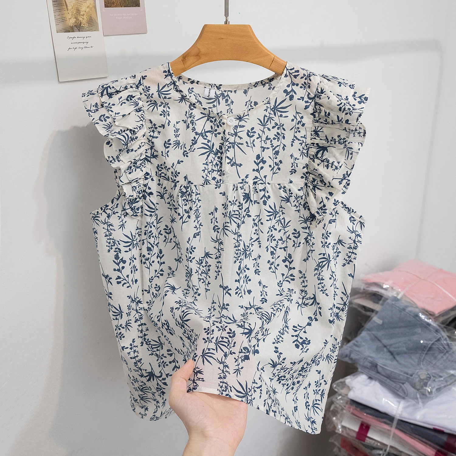 Zomer Vrouwen Shirt 2024 Nieuwe Vintage Vliegende Mouw Bloemen Gedrukt Tops Ronde Hals Casual Losse Ruches Truien Blouse