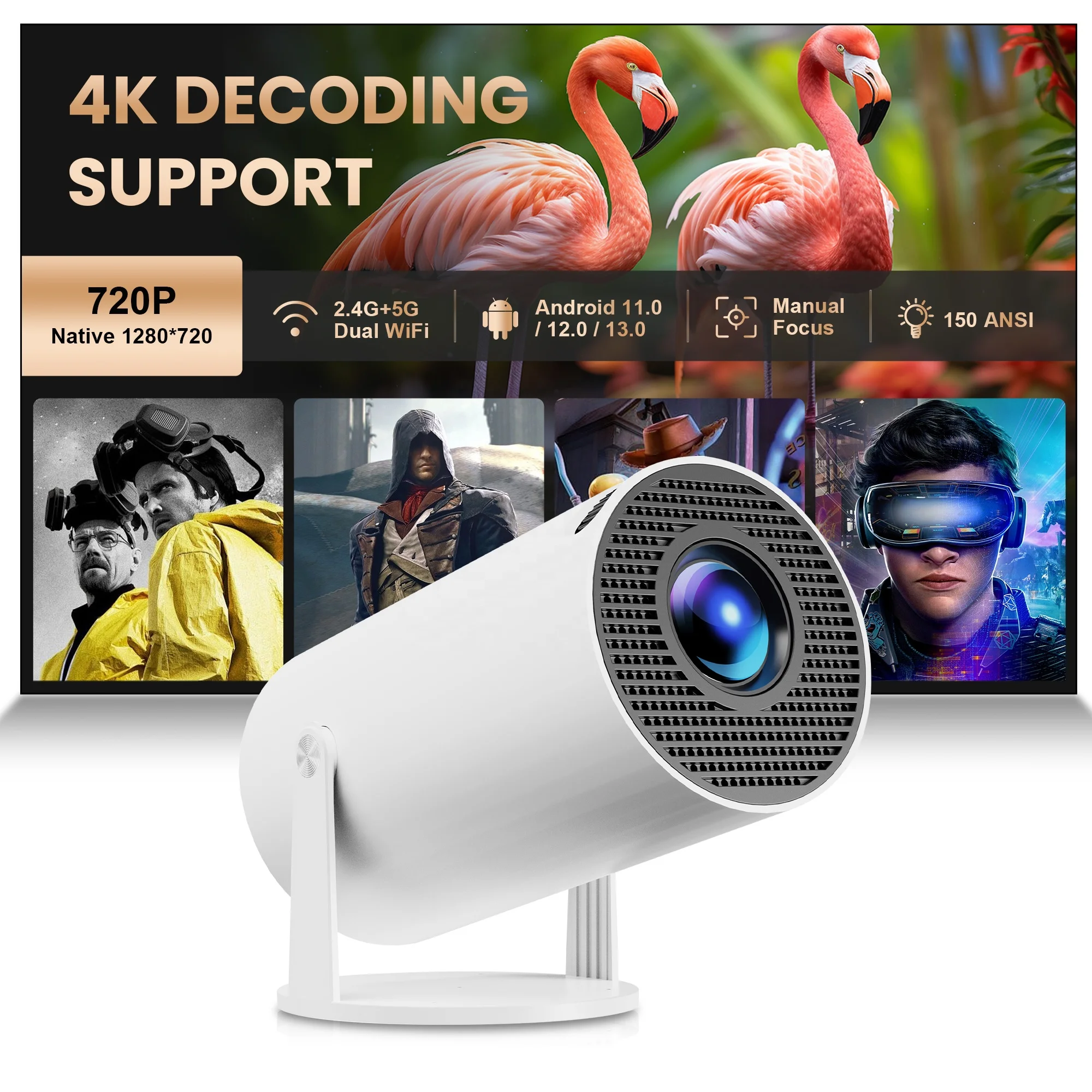 HY300Pro Smart Android Projector, WiFi Wireless Mini Cylindrical Active Heat Dissipation Portable Home Theater Projector
