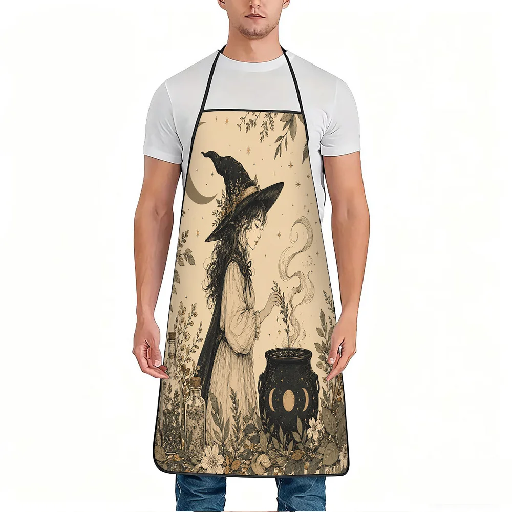 Aprons for kitchen Kitchen baking apron 1 witch moon plant print apron, durable and easy to clean, adjustable belt, polyester