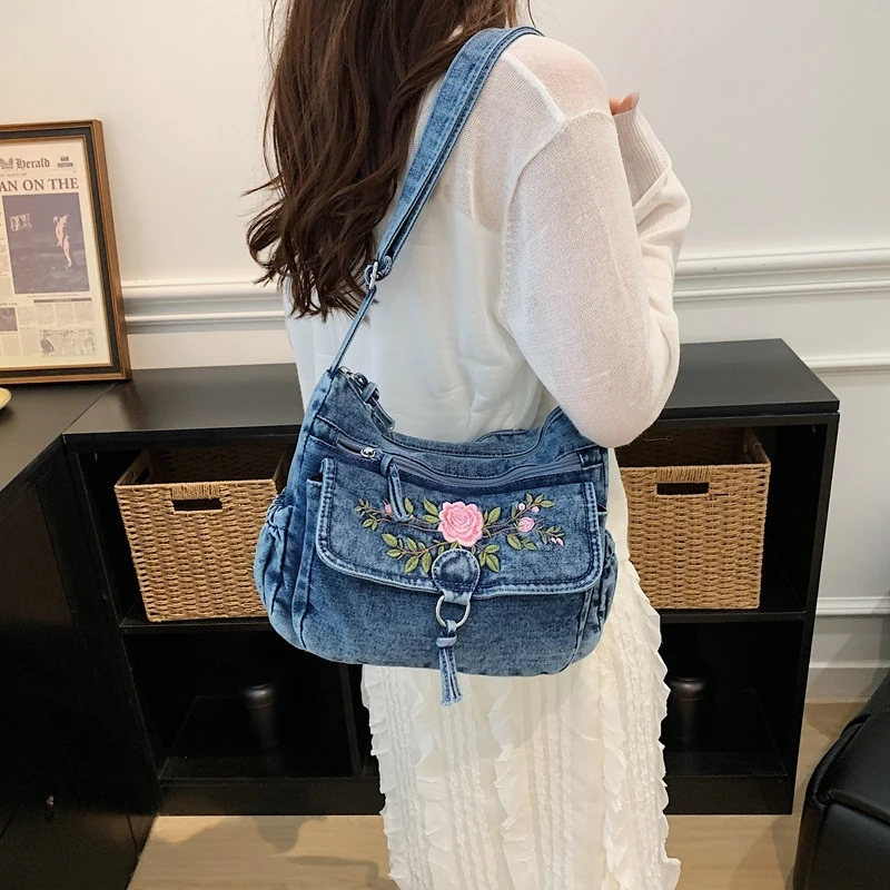 

2026 New Fashion Embroidered Denim Crossbody Bag Multi - Layer Casual Backpack Versatile Shoulder Bag for Daily Use