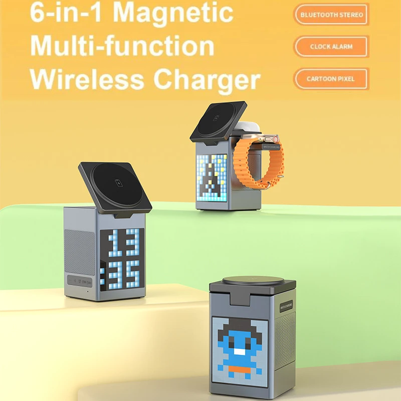 6 IN 1 Wireless Magnetic Charger 5.3 bluetooth Speaker Aluminum Alloy Cartoon Pixel Screen LED Clock for iPhone for Apple Watch