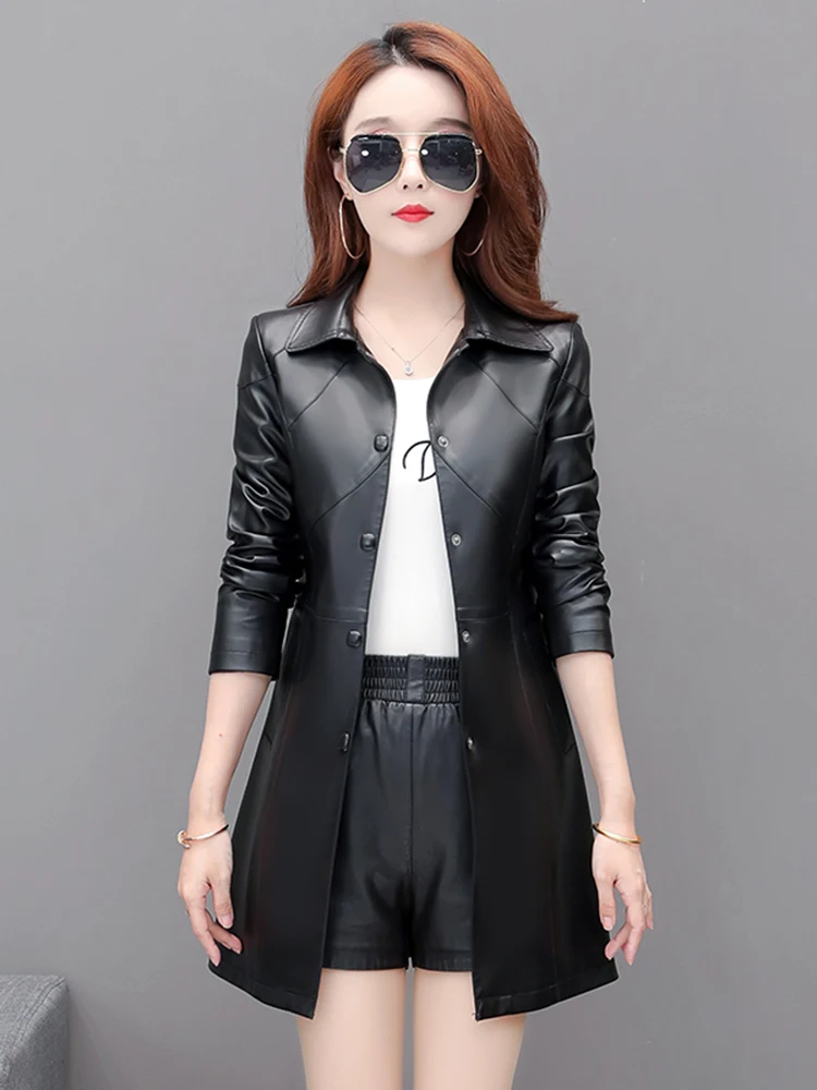 2025年春 プラスサイズ レディース レザー ジャケット スリムフィット ミディアム丈 韓国風 スリム ヘイニングコート アウター ロングスリーブ 通勤用 S...