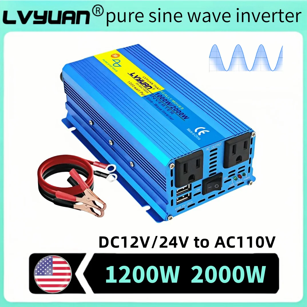 1200W 2000W LVYUAN Inverter Pure Sine Wave 12V/24V 110V DC to AC Voltage Converter Car Inverter Battery Adapter US Socket