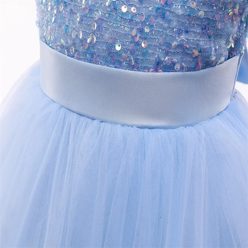 Glitter Sequin Flower Girl Dresses for Wedding Elegant Blue Princess Dress Short Sleeves Puffy First Communion Ceremony Gown