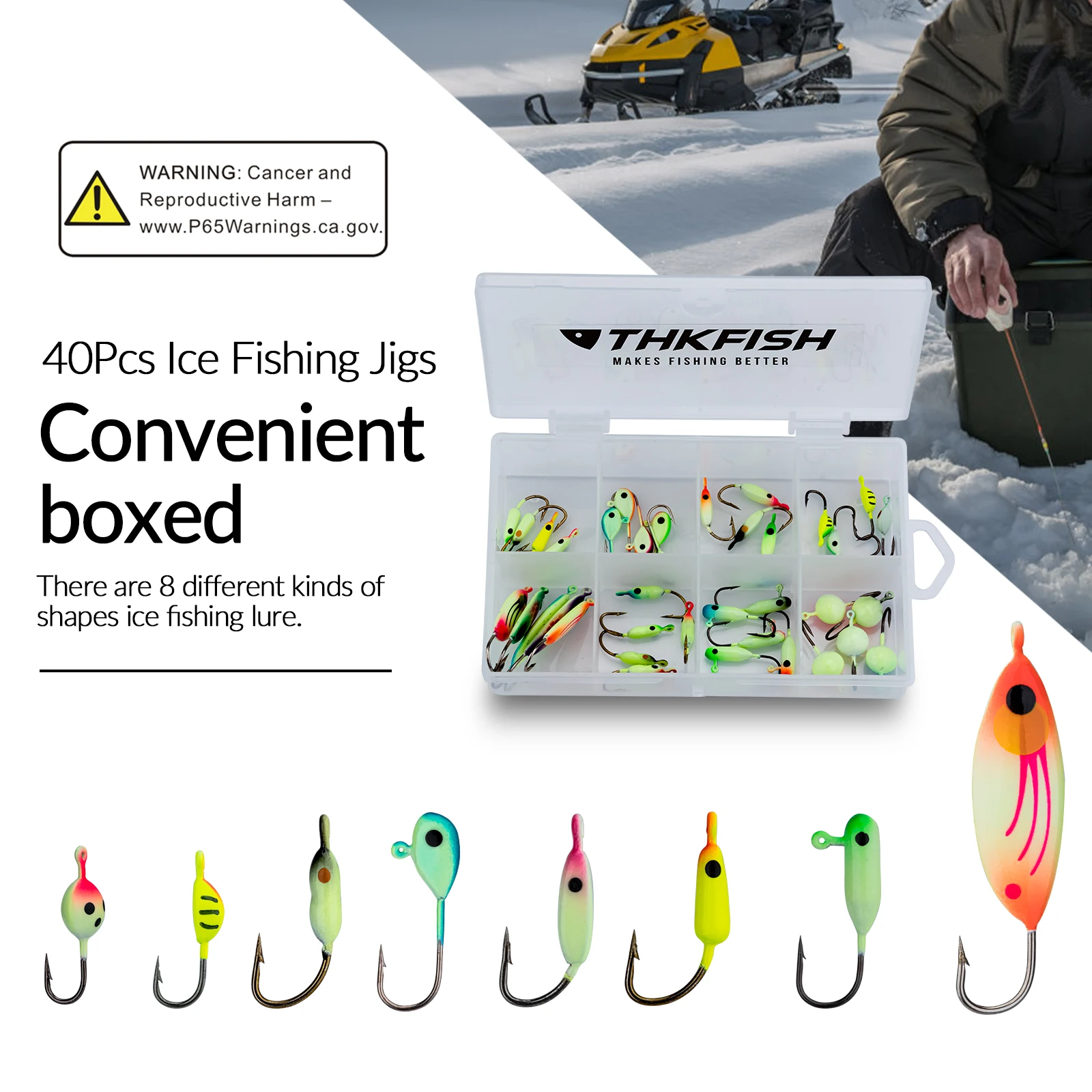 THKFISH 40pcs Fishing Lures Ice Fishing Jigs Luminous Ice Fishing Gear Bass Crappie Jigs Head Hooks for Winter Ice Jigging Lure