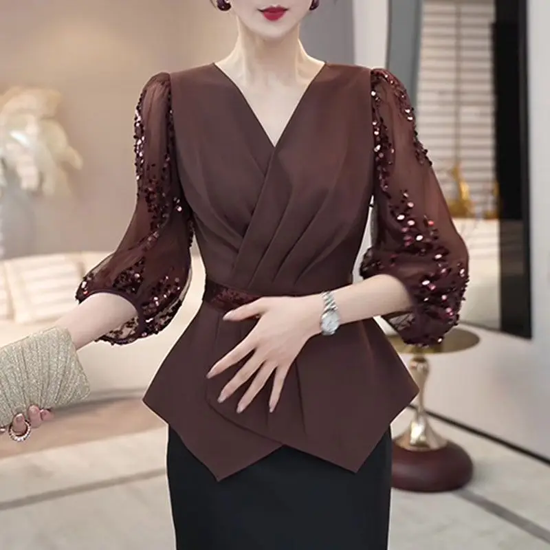 2025 automne nouvelle mode col en v épissage paillettes Design haut pour les femmes décontracté et élégant