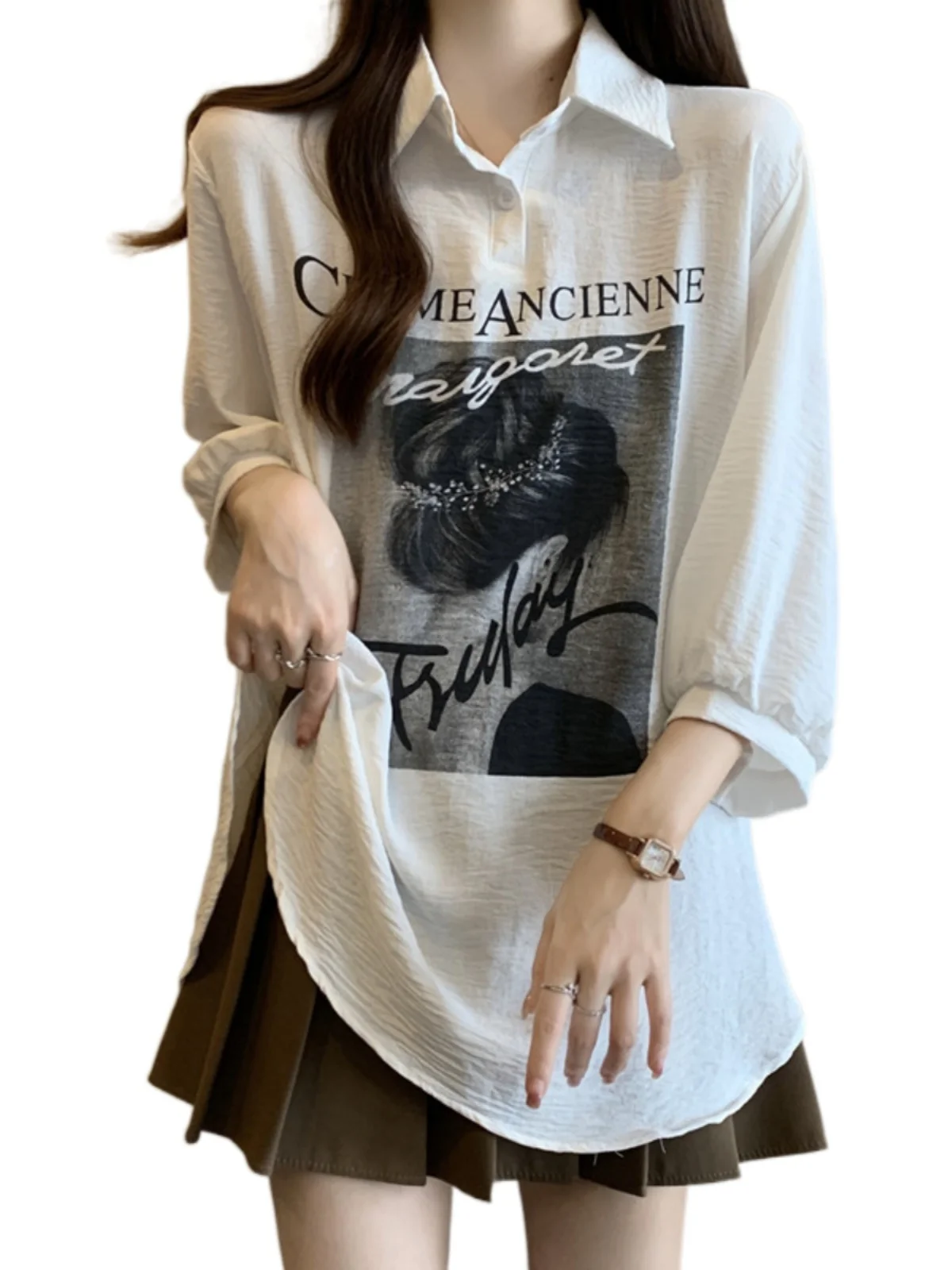 Taglie forti Stampa estiva irt Vestibilità ampia Colletto Five Sve Casual Top Perdita di peso Rafforzamento della pelle Coreano Sle Pendolarismo