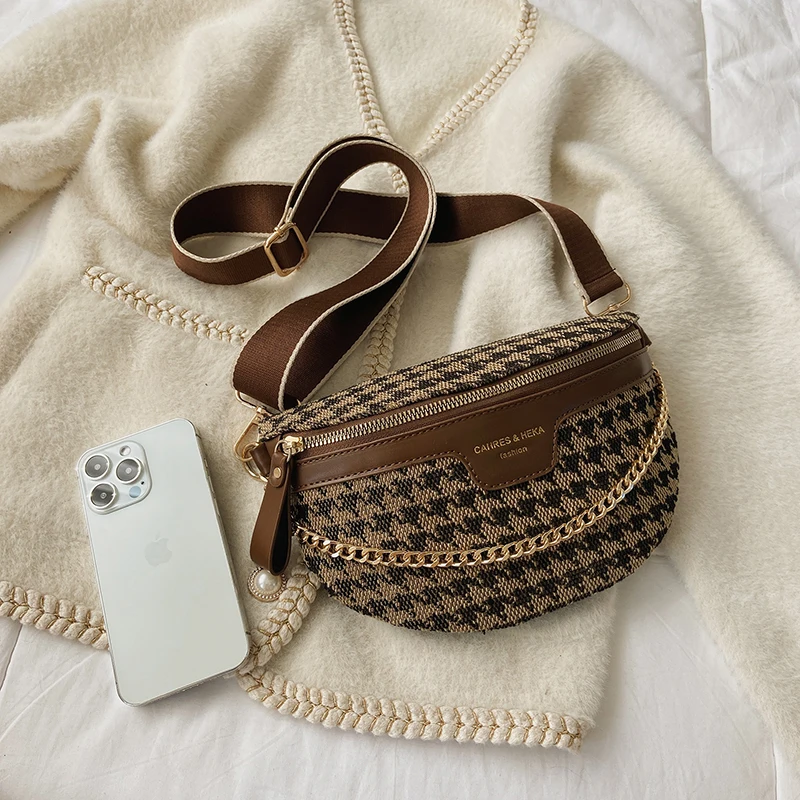 Fashion Leopard Houndstooth Women Waist Bag Phone Purses Ladies Chest Wide Strap Crossbody Shoulder Bags Small Chain Fanny Packs
