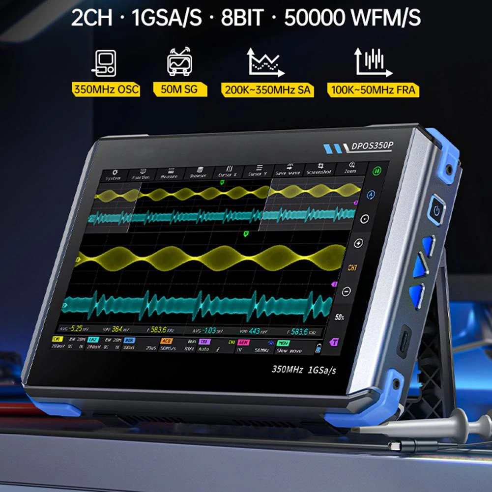 DPOS350P 4-in-1 Tablet Oscilloscope 2-channel 350MHz Signal Generator 50MHz, Spectrum Analyzer Frequency Response Analyzer