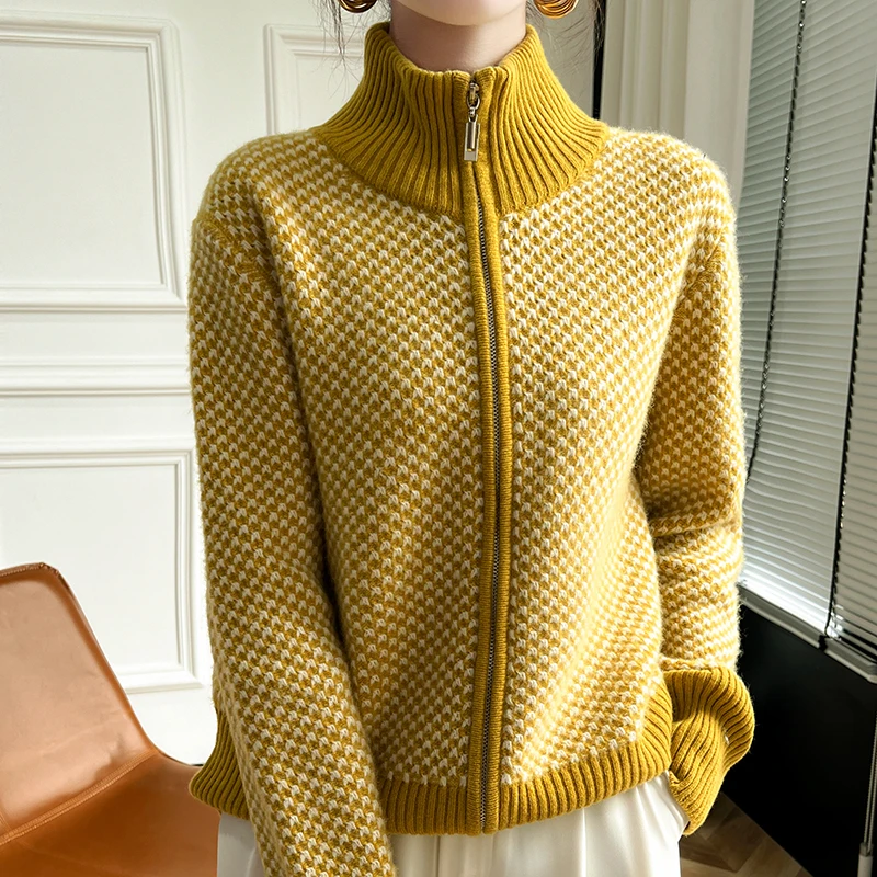 Mode Frauen 100 % Merinowolle Mode Stehkragen Reißverschluss Strickjacke Lange Ärmel Kaschmir Weiche Warme Kleidung Top