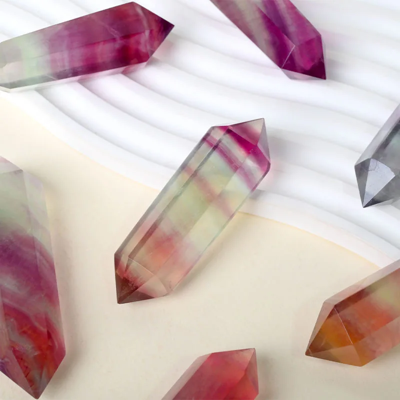 Rainbow Fluorite Crystal Double-pointed, Banded Magenta Purple Green Fluorite Generator, UV Reactive Minerals