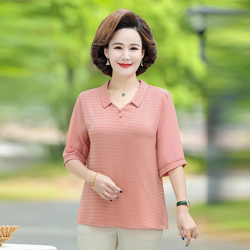 Elegant Mother Blouses Women Pullover Shirts Summer Clothing Solid Half Sleeve V-neck Style Fashion Middle Age Female Tops 2023