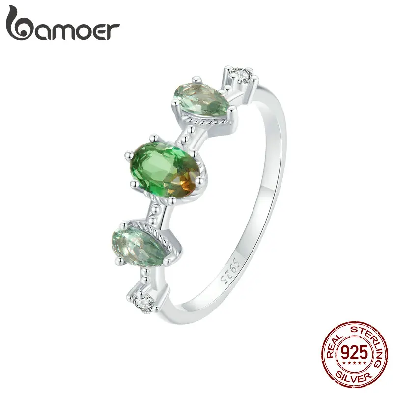 Bamoer Fashion Genuine 925 Sterling Silver Gradient Glass Ring for Women Clear CZ Luxury Engagement Wedding Jewelry Gift