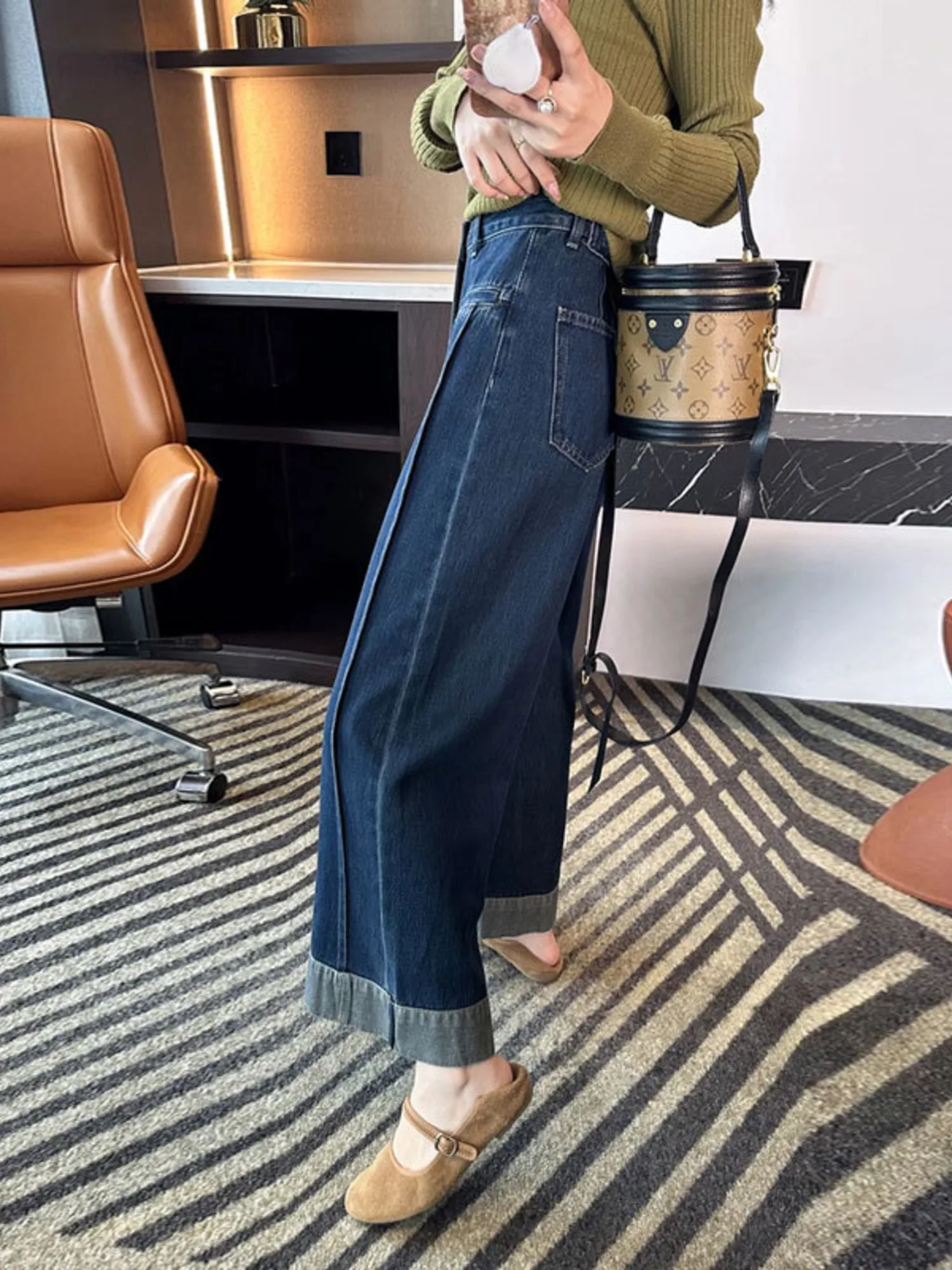 Women Dark Wash High Waist Wide Leg Jeans Cuffed Hem Vintage Denim Pants Double Stitch Pockets