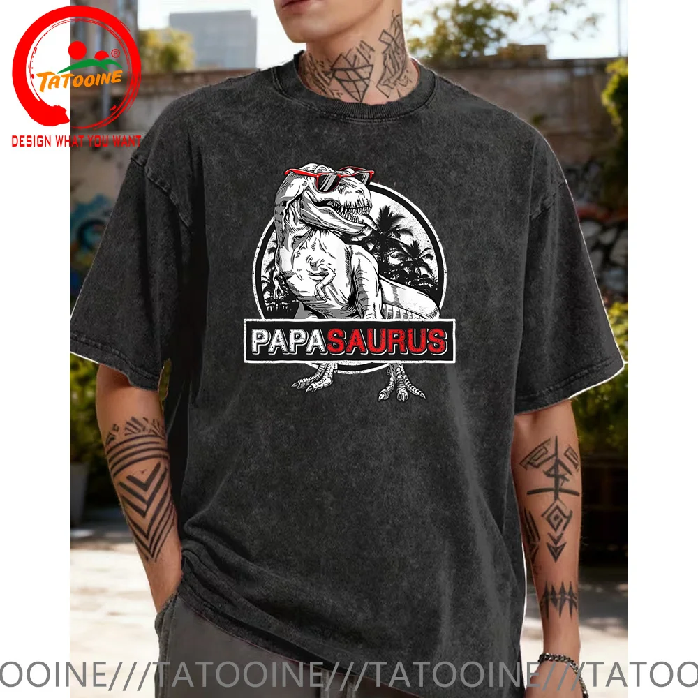 

Funny PapaSaurus MamaSaurus T-Rex Dinosaur Dad Mom T-Shirt Retro Vintage Washed Cotton Tee Father's Mother's Day Gifts for Women