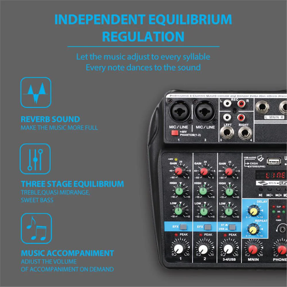 Customized A4 Sound Mixing Console USB Record Computer 48V Phantom Power Delay Repaeat Effect 4 Channels USB Audio Mixer