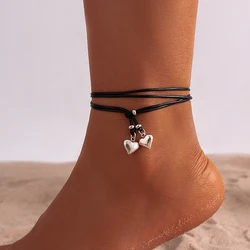 IngeSight.Z Simple Metal Heart Pendant Black Leather Wax Thread Anklet for Women Men Summer Beach Sandals Foot Jewelry 2023