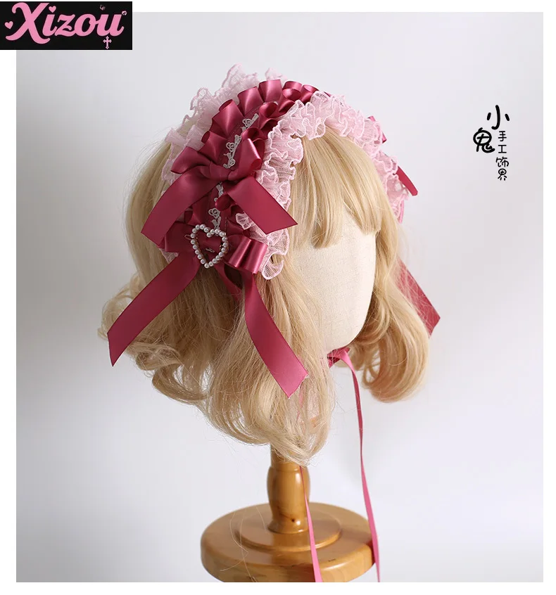 Japanse Lolita Shuanggong Zijde Versie Fluwelen Taart Prachtige Pop Gevoel Ponet Rose Roze Bnt Hoge Hoed Kant Hoofdband voor Vrouw