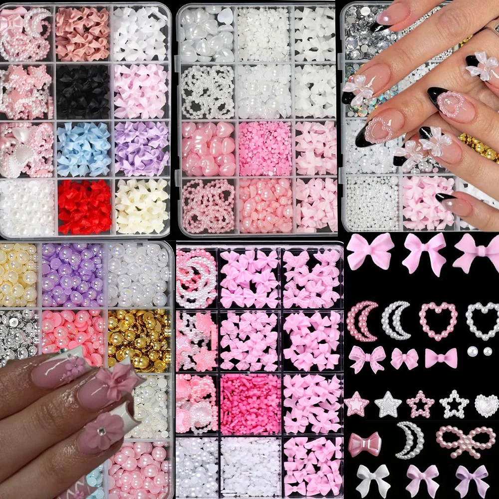 12 Gitter 3D gemischte Harz Schleife/Stern/Mond Nagel Charms Band, Blume, simulierte Perle Nail Art Dekorationen für DIY Maniküre Handwerk Teil