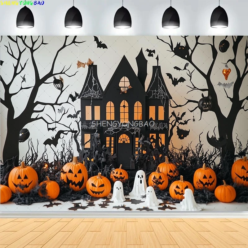 

Autumn Thanksgiving Day Photography Backdrops Fall Scary Pumpkin Barn Moon Halloween Day Party Castle Photo Background NG-32